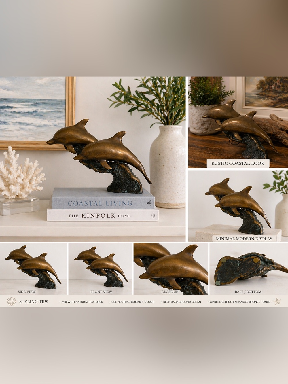 Vintage brass dolphin sculpture / coastal decor / mid century style”